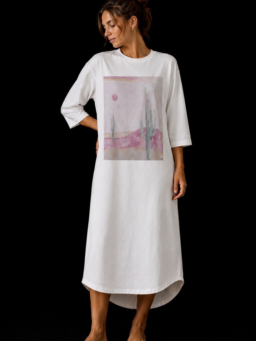 Relaxed White High-Low Midi Dress with Pink Desert Graphic